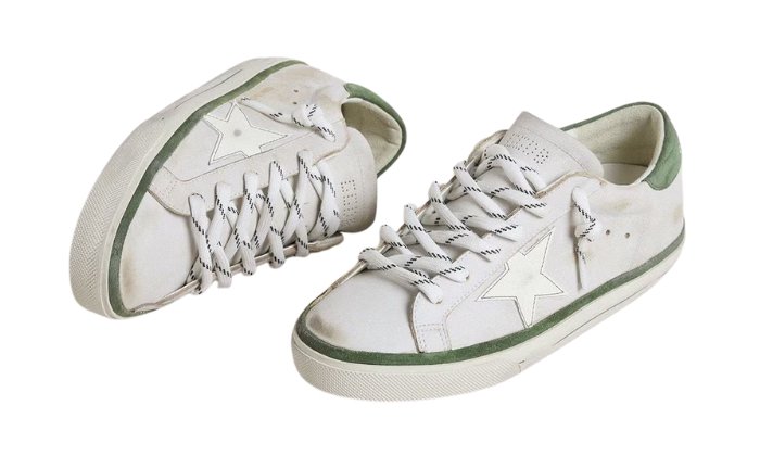 Golden Goose Stella In Pelle Bianca E Talloncino In Suede Verde - Retro View | DripMilan Shop