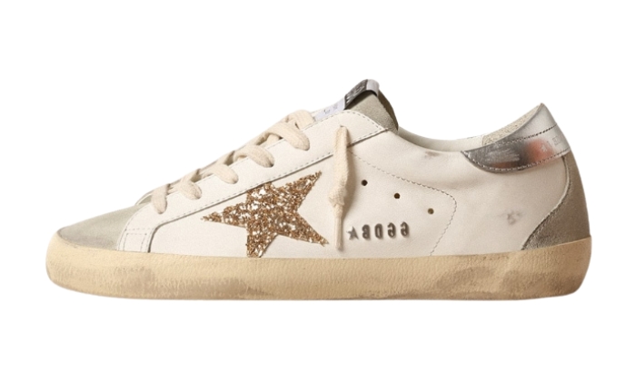Golden Goose Super-Star gold glitter star and ice suede inserts originali su DripMilan | Sneaker Autentiche