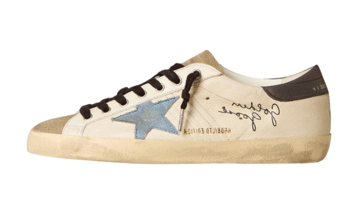 Golden Goose Super-Star stella in denim e talloncino in pelle grigia originali su DripMilan | Sneaker Autentiche
