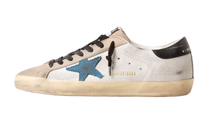 Golden Goose Super-Star with light blue canvas and black heel tab originali su DripMilan | Sneaker Autentiche